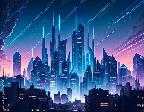 Realistic Cyberpunk City Skyline with Purple and Cyan Neon lights, Generative AI