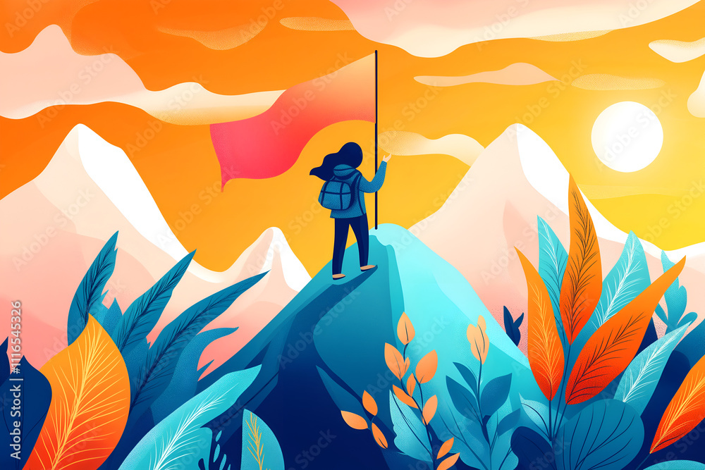 Person reaching a flag on top of a mountain or completing a checklist to signify goal achievement Person reaching a flag on top of a mountain or completing a checklist to signify goal achievement