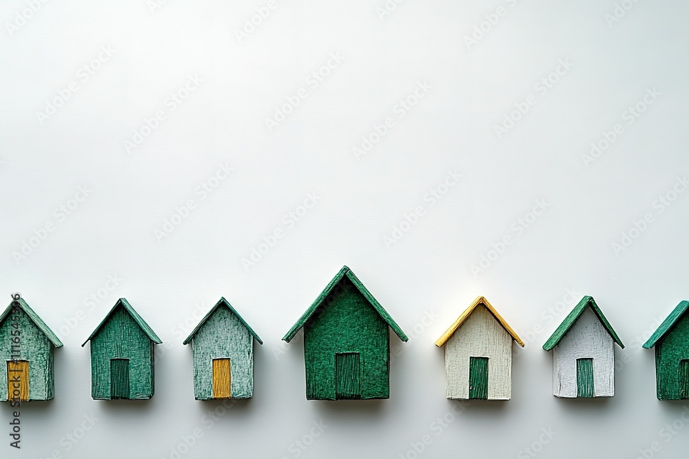 A row of small houses are lined up on a white background A row of small houses are lined up on a white background