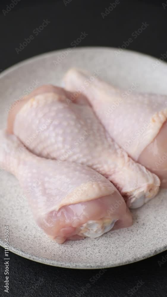 Raw chicken legs with salt, spices and herbs prepared for baking Raw chicken legs with salt, spices and herbs prepared for baking