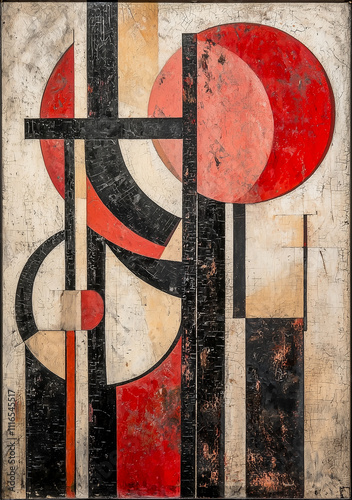 Geometric painting with red, black, and beige shapes on a textured background.