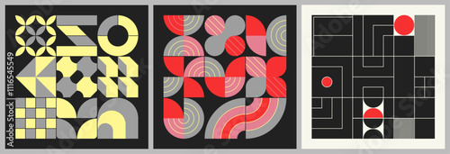 Set of geometric, graphic, vintage, abstract and colorful compositions. Modernist pattern with vector illustrations.