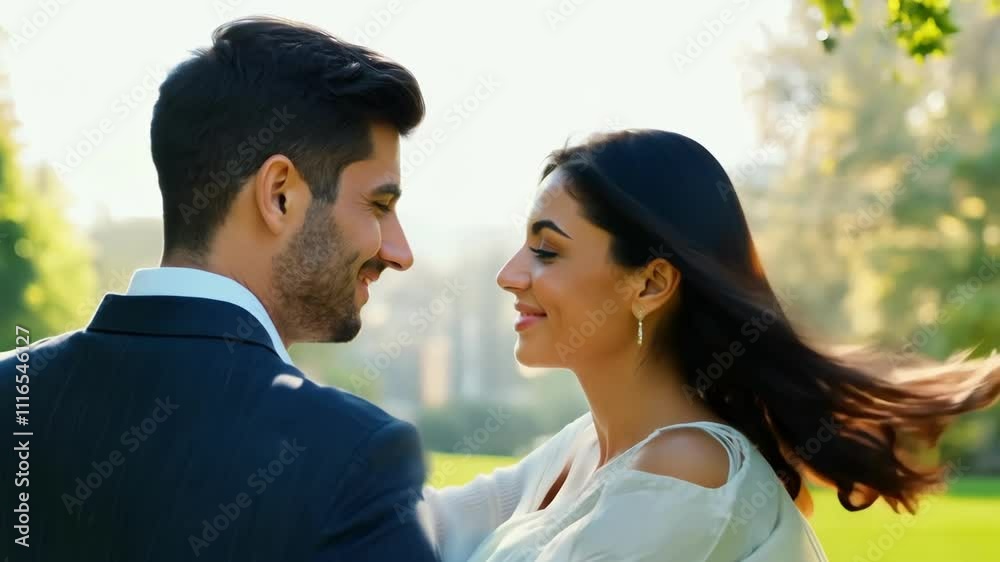Two individuals smile at each other in a lush park setting, surrounded by greenery. The warm sunlight enhances their joyful expressions, creating a romantic atmosphere. Two individuals smile at each other in a lush park setting, surrounded by greenery. The warm sunlight enhances their joyful expressions, creating a romantic atmosphere.