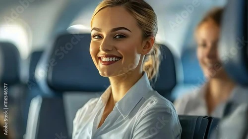 Wallpaper Mural Happy stewardess girl sits fastened with seat belt in airplane seat Torontodigital.ca