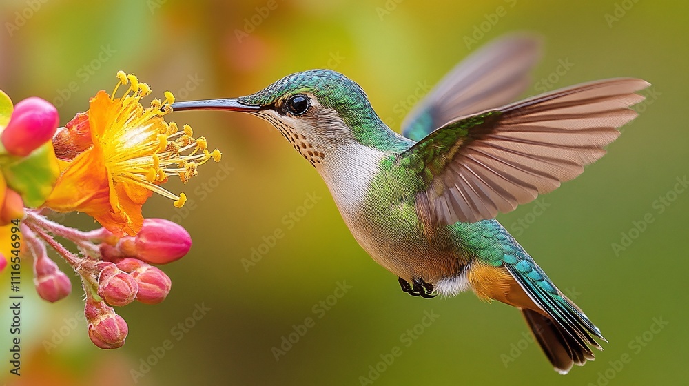 Fototapeta premium A vibrant hummingbird feeding on nectar from a blooming flower