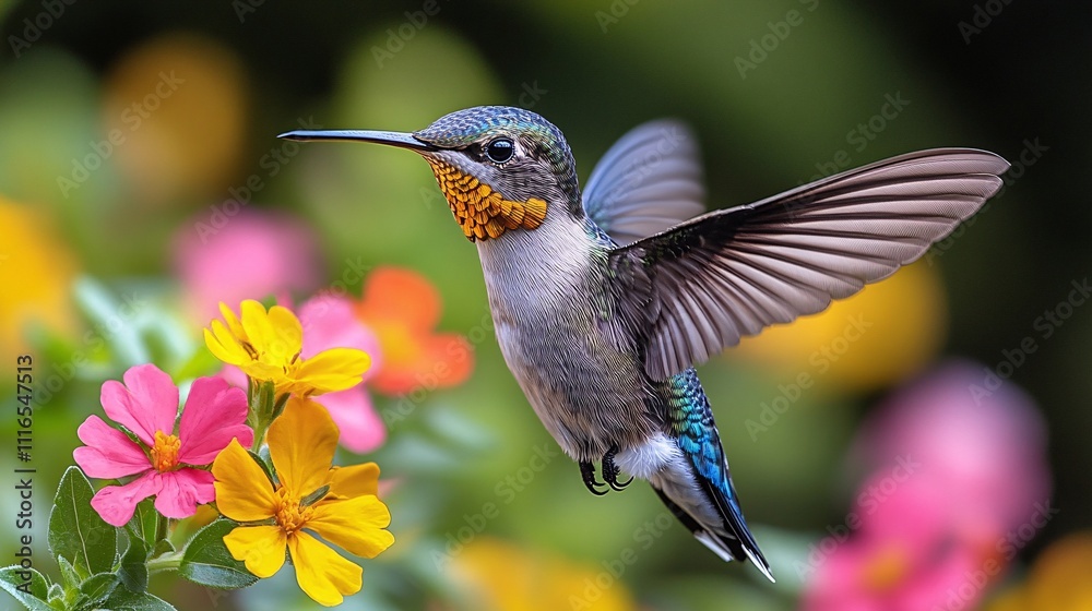 A hummingbird darting around a cluster of bright flowers A hummingbird darting around a cluster of bright flowers