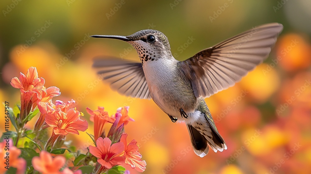 Obraz premium A hummingbird darting around a cluster of bright flowers
