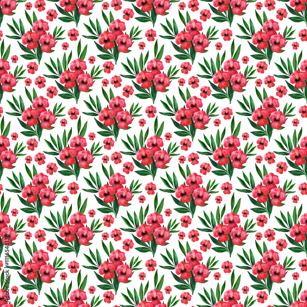 Fototapeta premium Watercolor seamless pattern with decorative roses, pansies, olive branches, rosemary