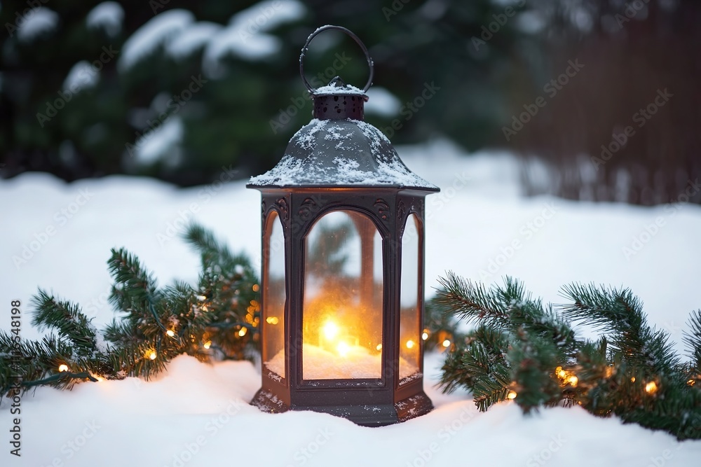 Snowy lantern with warm glow amidst fir branches. Snowy lantern with warm glow amidst fir branches.