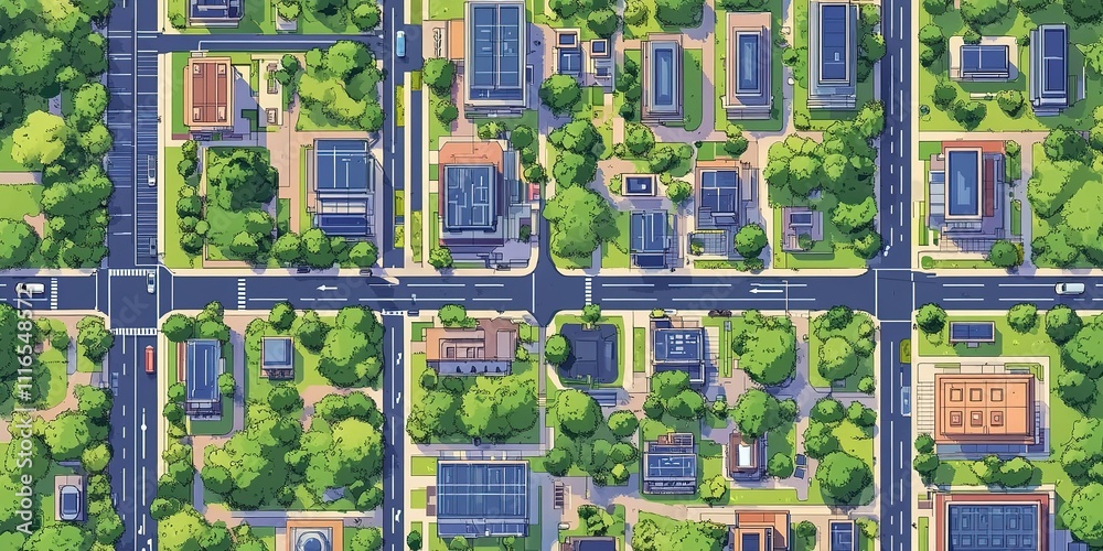 Fototapeta premium Urban landscape featuring modern buildings and greenery in an aerial view of a city neighborhood