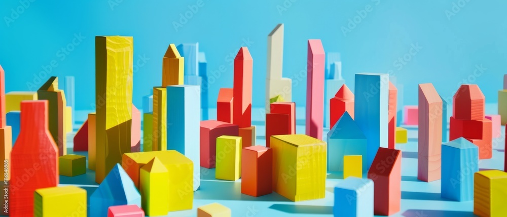 A colorful wooden block cityscape against a bright blue backdrop, showcasing vibrant creativity and playful architectural design. A colorful wooden block cityscape against a bright blue backdrop, showcasing vibrant creativity and playful architectural design.