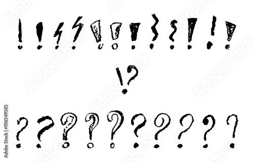 Exclamation and question marks symbols set. Black crayon hand written signs. Doodle icons collection for speech bubble emphasis important or danger warning text. Vector sketch or graffiti style marks