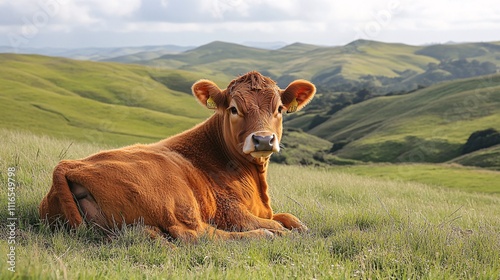 A cow resting in a sunny pasture with rolling hills in the background photo