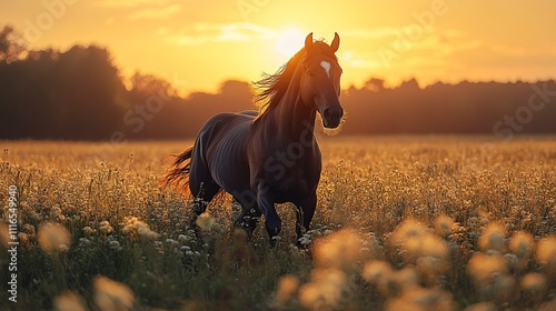 A horse galloping freely across a green meadow