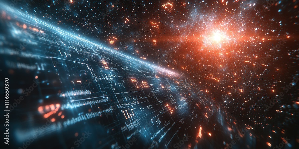 Obraz premium Exploration of cosmic data in a vibrant nebula with glowing digital elements