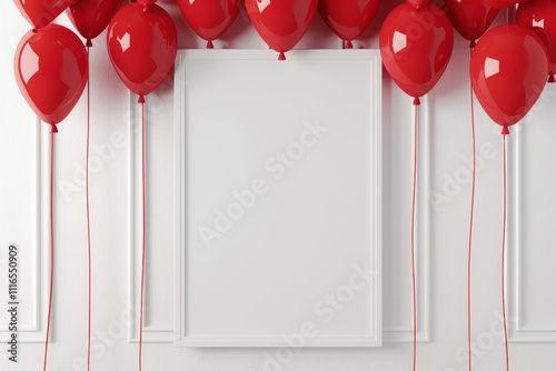 The vibrant red balloons hang playfully from above, framing a blank white space that awaits a personal touch, perfect for celebrations or events. photo