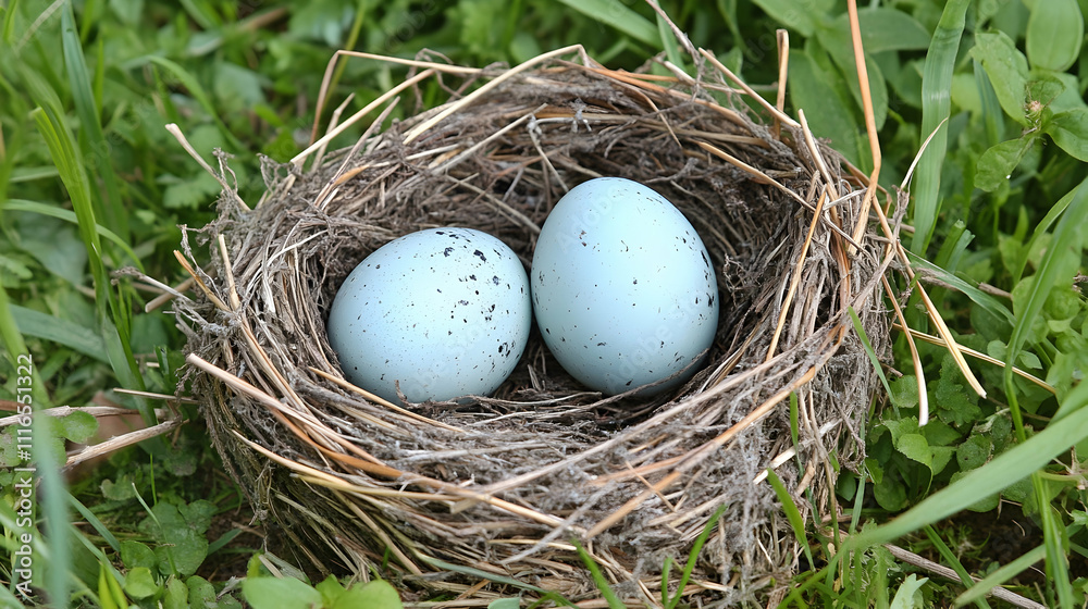 Obraz premium Two pale blue speckled bird eggs nestled in a grass-lined nest.