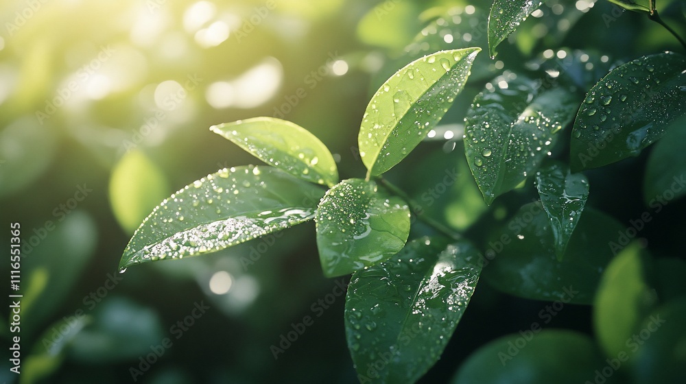 Dew-covered green leaves in sunlight. Dew-covered green leaves in sunlight.