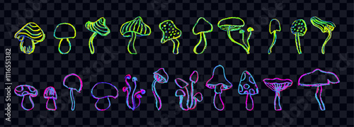 Set of fantasy mushrooms. Line art funny floral elements. Mushroom sketch collection in 1960s or 1970s style in neon green and purple. Vector groovy icons in children style, drawn by crayon pencil