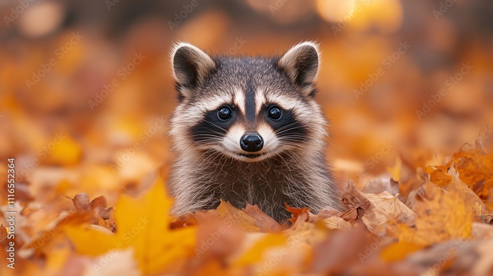 A raccoon investigating a pile of fallen leaves A raccoon investigating a pile of fallen leaves