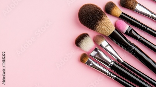 Makeup brushes arranged on pink background.