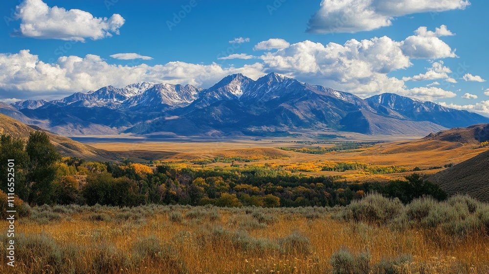 Fototapeta premium Scenic autumn valley with golden grasses and snow-capped mountains under a blue sky.