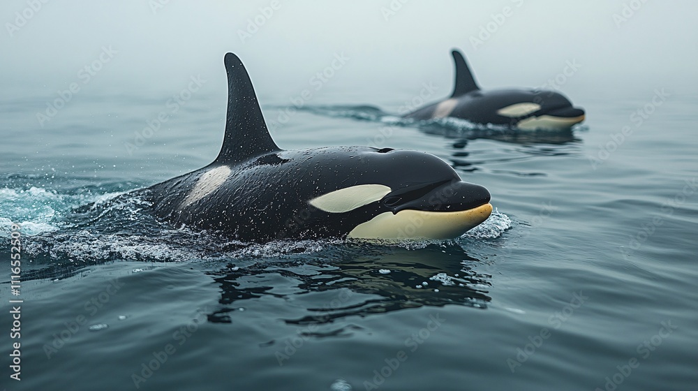 Fototapeta premium An orca family swimming gracefully in the open sea