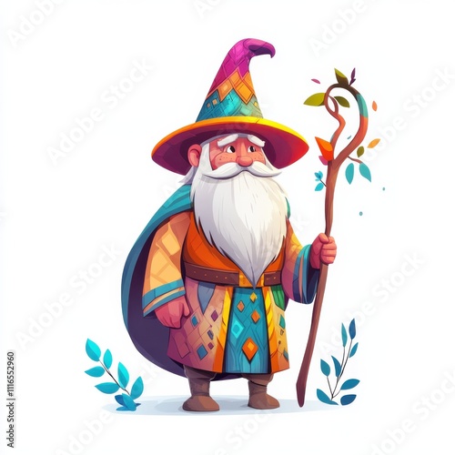 Whimsical wizard character standing in magical forest setting with staff and vibrant attire photo