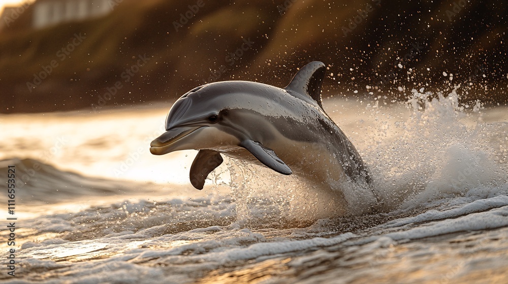 Obraz premium A dolphin jumping joyfully out of the ocean waves