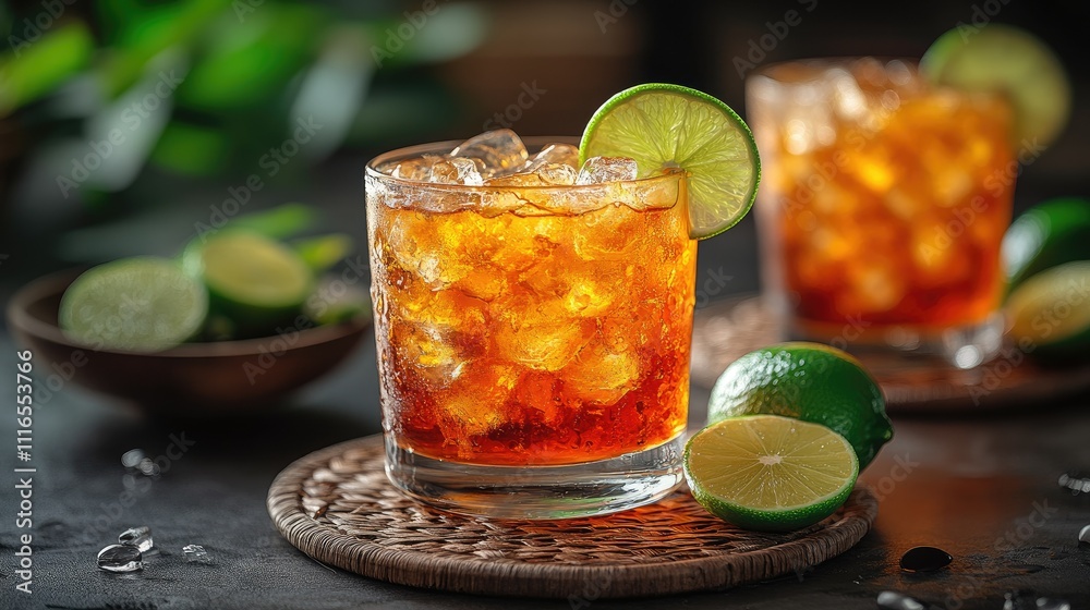 Two refreshing cocktails with ice and lime, served on a woven mat. Two refreshing cocktails with ice and lime, served on a woven mat.