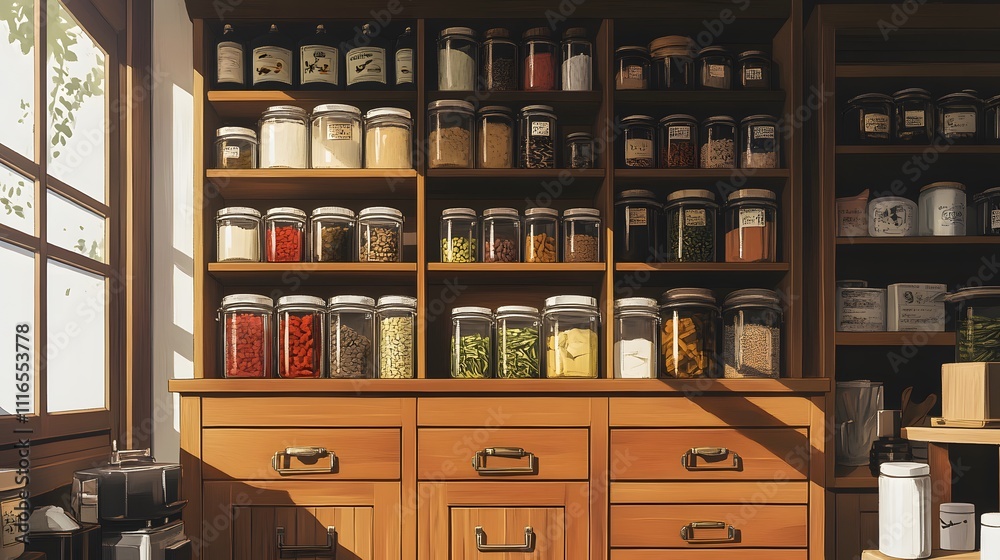 A cozy kitchen filled with jars of spices and ingredients in warm wooden cabinets. A cozy kitchen filled with jars of spices and ingredients in warm wooden cabinets.