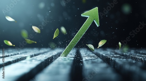 A close up shot of a green upward arrow piercing through a graph ceiling, symbolizing breaking barriers and exceeding expectations in financial markets. photo