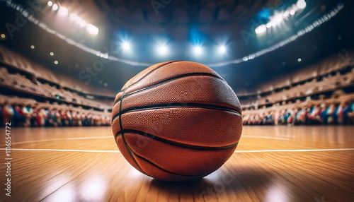 Detailed close-up of a basketball on center court in a lit arena during a competitive game setting. Generative AI photo