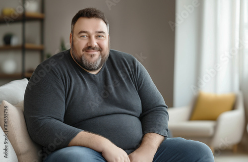 An oversized European looking man sits on a light sofa to the left and smiles. A man in a modern living room. Banner ad.