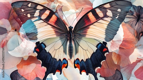 Artistic collage of layered butterfly wings and floral petals creating abstract patterns.