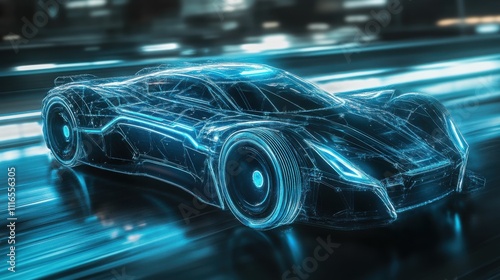 Futuristic electric car concept racing through a neon-lit city at night showcasing advanced technology and design