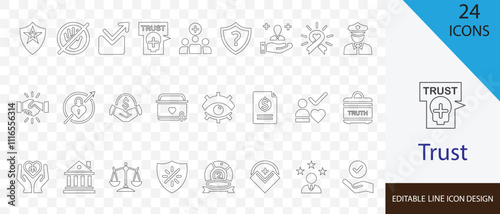 Trust editable line icon set. containing confidence, credibility, reliance, belief, assurance and more stroke design
