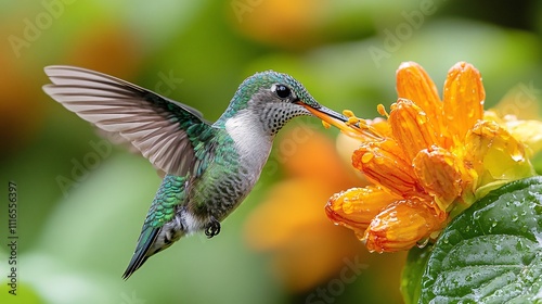 A hummingbird feeding on nectar from a brightly colored flower