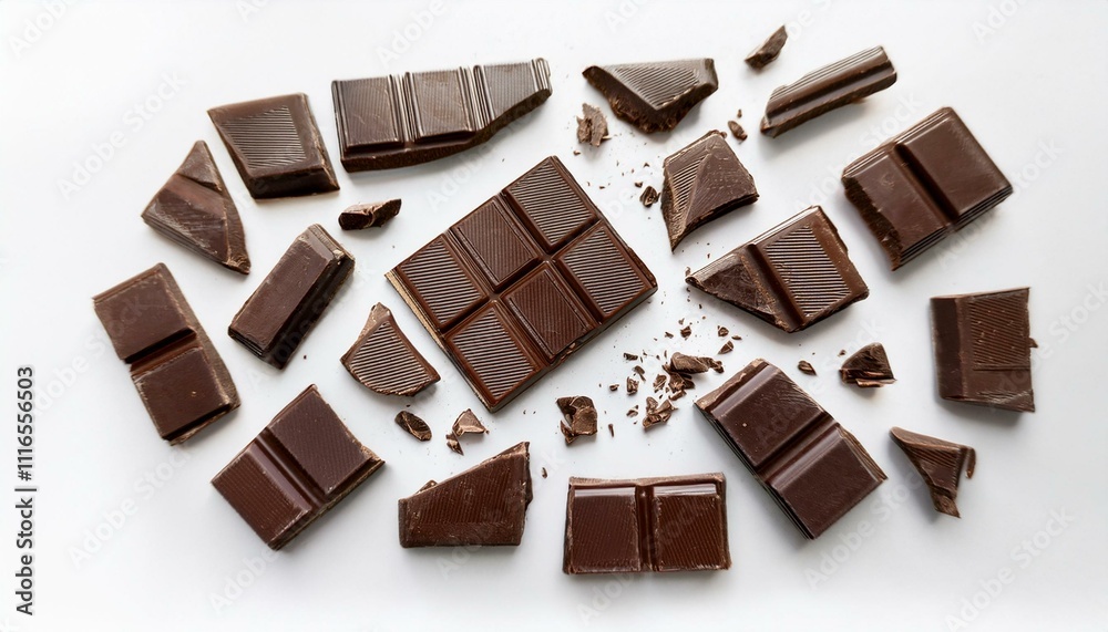 Broken pieces of dark chocolate scattered on a white background. Broken pieces of dark chocolate scattered on a white background.