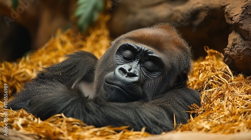 A gorilla relaxing in its natural jungle habitat