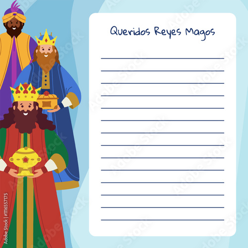 Three kings. Letter to the three wise men from the east. Dear three wise men - Text in spanish. Happy Epiphanius day. Vector illustration