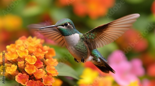 A hummingbird flitting around a vibrant garden of flowers photo