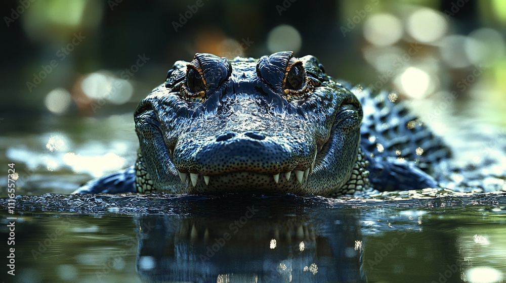 Fototapeta premium An alligator stealthily moving through swampy waters
