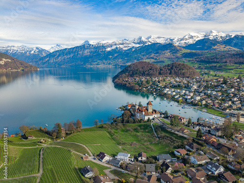 Spiez, Switezrland - 22 March 2024: Aerial image of the medieaval castle Spiez on the Thun Lake, Switzerland photo