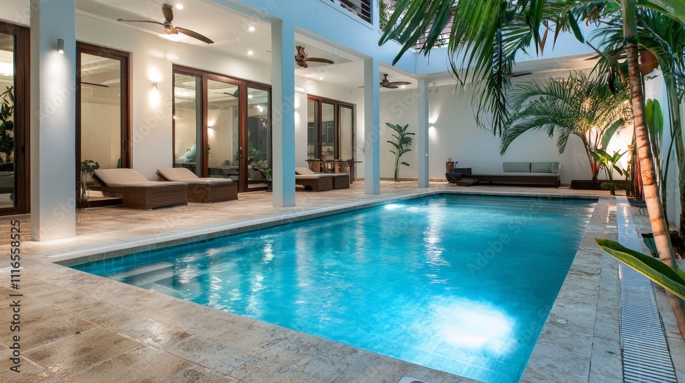 Fototapeta premium Tropical oasis stunning pool with a palm tree centerpiece for relaxation and leisure