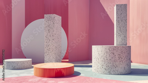 Minimalist scene with geometric shapes including a large orange cylinder, a grey column with black speckles, and a white cylindrical base with black speckles, all set against a striped pink background