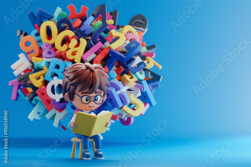 awareness campaigns, or support resources related to dyslexia and literacy challenges in children.Young boy is enjoying a book, totally absorbed in the reading process, floating letters 