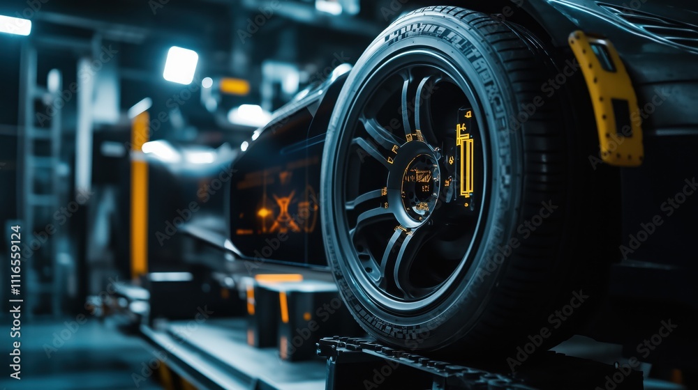 Fototapeta premium Futuristic black sports car in high-tech automotive workshop