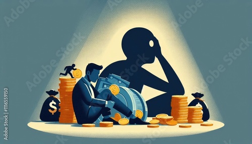 Illustration of financial stress showing individual overwhelmed by debt and creditors photo