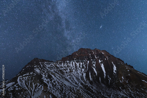 Beautiful night landscape, Bright Milky Way galaxy over the mountains, starry sky.